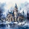 majestic watercolor-style image of a winter wonderland castle,