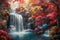 Majestic Waterfall in Autumn Forest Landscape with Colorful Foliage, Tranquil Nature Scene for Calming Wall Art and Home