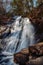 Majestic waterfall cascades down a densely forested ravine.