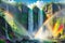 A Majestic Waterfall Cascading Down a Series of Jagged Cliffs, Lush Greenery Enveloping the Rocks