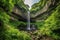 majestic waterfall cascading over towering rock formation, surrounded by lush greenery