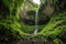 majestic waterfall cascading over towering rock formation, surrounded by lush greenery