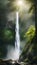 Majestic waterfall in a green forest with mist and sunlight illustration Artificial Intelligence artwork