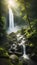 Majestic waterfall in a green forest with mist and sunlight illustration Artificial Intelligence artwork