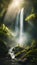 Majestic waterfall in a green forest with mist and sunlight illustration Artificial Intelligence artwork