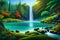 A majestic waterfall hidden within a lush, tropical jungle, surrounded by vibrant foliage