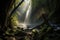 majestic waterfall, with misty veil and sunbeams shining through the trees