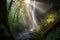 majestic waterfall, with misty veil and sunbeams shining through the trees