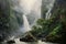 Majestic waterfall plunging into a deep, misty gorge, surrounded by lush greenery