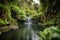 majestic waterfall plunging into tranquil pool, surrounded by lush greenery