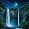 majestic waterfall with starry night sky and crescent moon in the