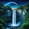 majestic waterfall with starry night sky and crescent moon in the