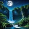 majestic waterfall with starry night sky and crescent moon in the