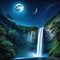 majestic waterfall with starry night sky and crescent moon in the