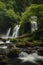 majestic waterfalls cascading down into a serene river, surrounded by towering green trees and mossy rocks