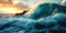 Majestic wave cresting with power and beauty at sunset, the ocean\\\'s strength on display against a backdrop of a tranquil