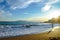 Majestic wavy seascape view with people on the beach