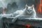 Majestic White Cat Resting on Snowy Ledge Against Fiery Volcanic Eruption Fantasy Artwork