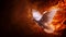 Majestic white dove soars amidst flames on dark backdrop, symbolizing peace, Ai Generated