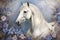 Majestic white horse surrounded by blue flowers. Power and Grace of Wild Mustang. Illustration in style of oil painting