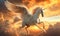 Majestic white Pegasus with expansive wings soaring through a dramatic sunset sky, embodying freedom and the power of myth and