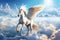 Majestic white Pegasus horse flying high above the clouds.