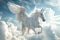 Majestic white Pegasus horse flying high above the clouds