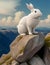 A majestic, white rabbit with a regal bearing, standing atop a rocky outcropping.