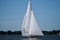 Majestic white sailboat on blue water under a bright blue sky