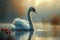 Majestic White Swan Gliding on Serene Lake at Golden Sunset with Reflections and Tranquil Scenery