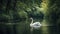 A majestic white swan gracefully gliding across a calm lake with lush green trees in the background created with Generative AI