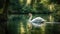 A majestic white swan gracefully gliding across a calm lake with lush green trees in the background created with Generative AI