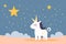 A majestic white unicorn with a golden horn stands with star, illustration