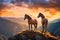 Majestic wild mustang horses atop a mountain range