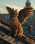 Majestic winged cat perched on a rooftop at sunset