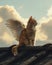 Majestic winged cat perched on a rooftop at sunset