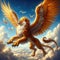 Majestic Winged Lion Soaring in Sky