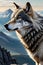 A majestic wise elder wolf, with a whimsical vast mountain range, gazing serenely, painting art