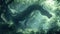 Majestic wise-looking Green Wooden Dragon coiled around ancient trees in misty forest. AI Generated