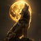 Majestic Wolf Howling at the Golden Moon. Generative ai