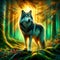 A majestic wolf standing amidst a forest, with the emerald hues of the leaves, gold sunlight through the branches, painting