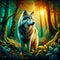 A majestic wolf standing amidst a vibrant forest, its fur echoing emerald hues of the leaves, golden sunrise, painting