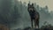 Majestic wolf standing on a rock in misty forest