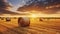 Majestic yellow field with round hay bales at twilight glowing by sunlight. Dramatic and picturesque morning scene. Generative AI