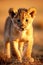 Majestic young lion cub strides across a sun-drenched savannah, AI-generated.