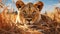 Majesty of a lioness resting in the golden savannah grass, with a backdrop of acacia trees and the African wilderness. Generative