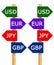 Major currencies direction signpost isolated