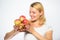 Major portion of your meals will comprise of apple. Girl hold basket with apples white background. Metabolism and