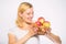 Major portion of your meals will comprise of apple. Girl hold basket with apples white background. Metabolism and