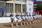 Majorettes. Show-group of drummers in blue uniform of the Royal lancers